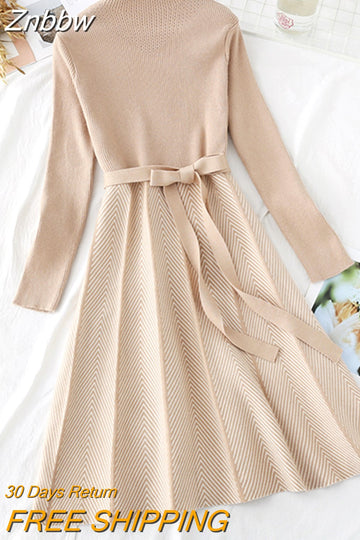 Znbbw High Collar A-line Knit Dress Women's 2023 Autumn Winter Thickened Arrow Striped Women Elegant Sashes Knitted Dress